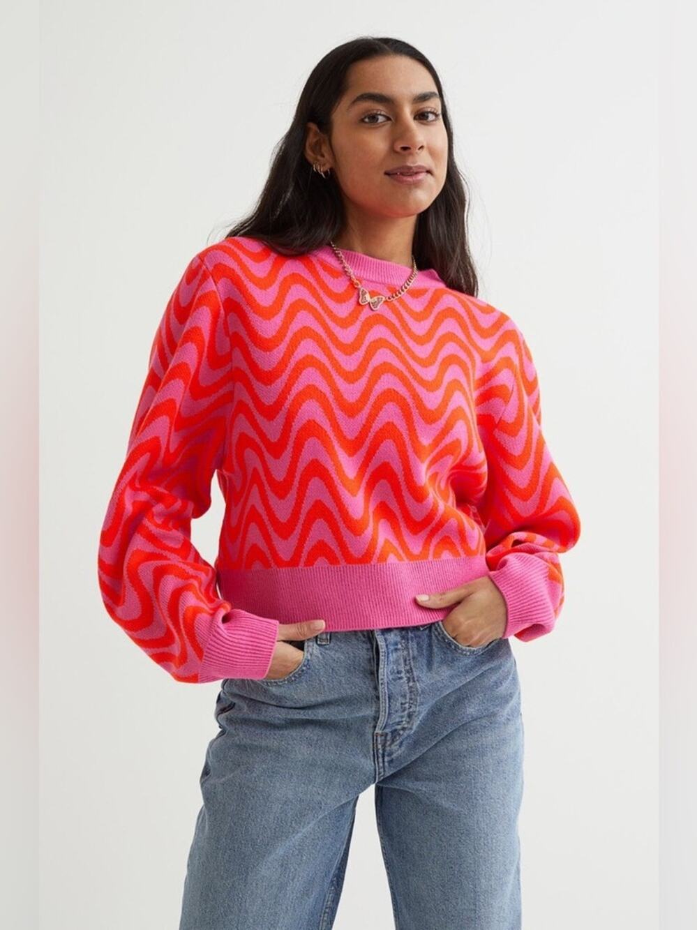 H&M Divided XS Neon Abstract Wavy Oversized Sweater Y2K Funky Retro Knit